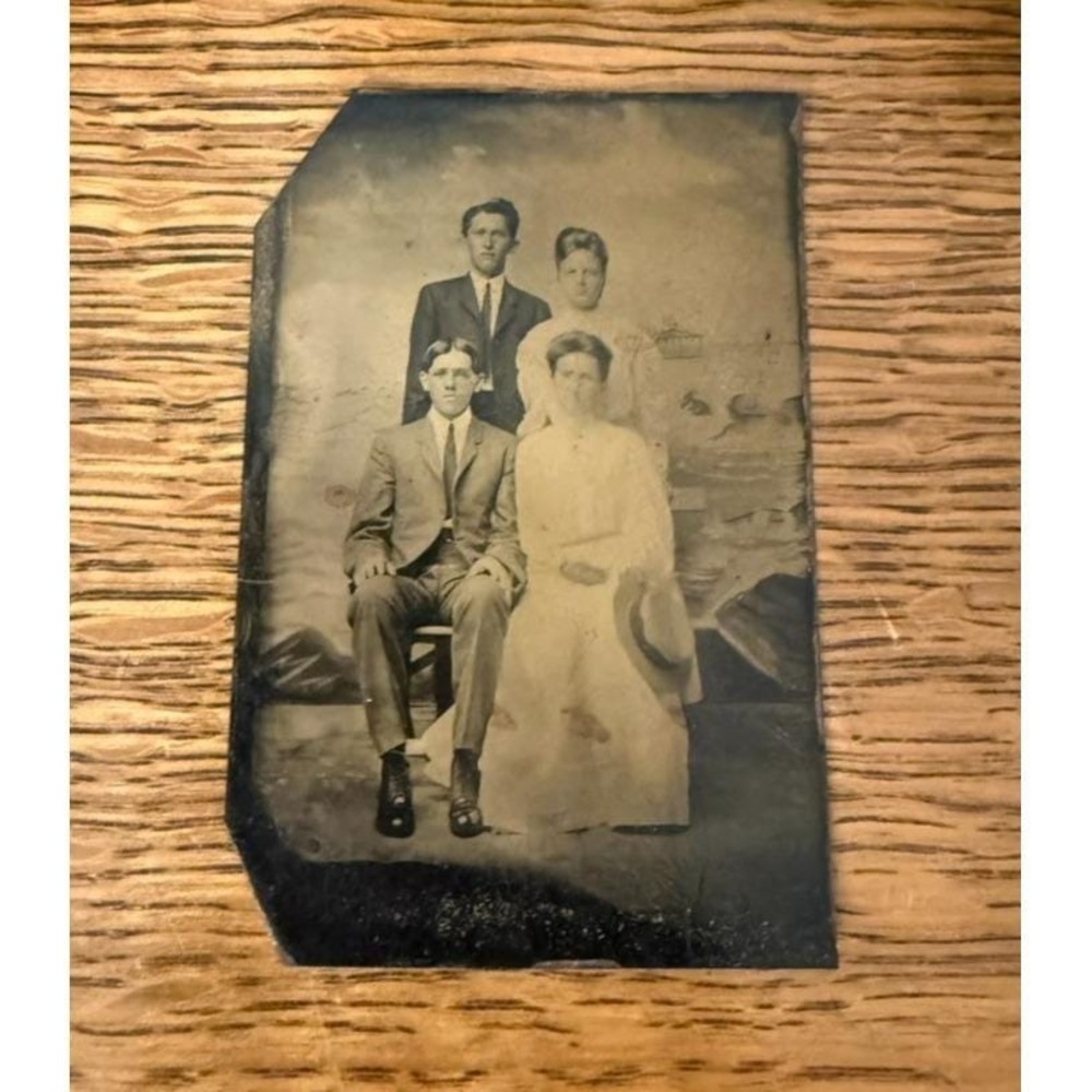 Antique Tintype Family Portrait Photo Victorian Edwardian Metal Photograph Gothi